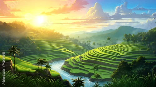 A serene Balinese rice terrace aglow in the golden light of dawn. Fantasy landscape anime or cartoon style, seamless looping 4k time-lapse virtual video animation background photo