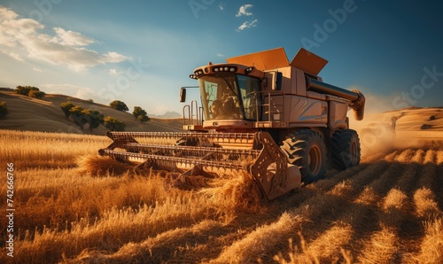 harvesting machines in operation in a wheat field 