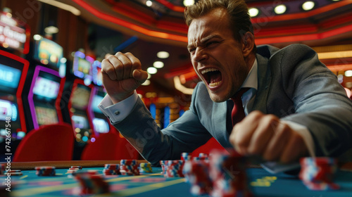 a male poker player in a casino, angry, screams and bangs his fist on the table with chips