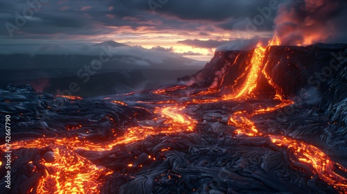 Dramatic night scene of an active volcano erupting, with glowing lava flow illustrating the raw power of nature.