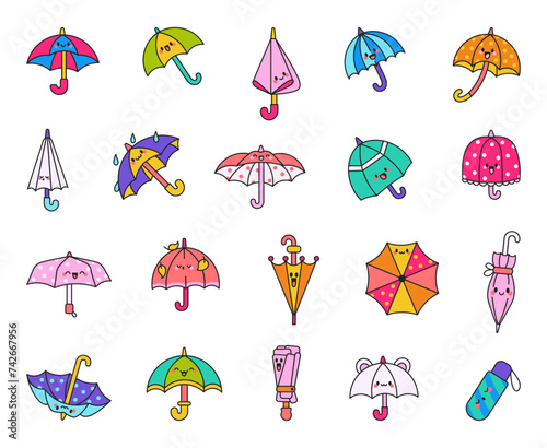 Cute kawaii umbrella. Cartoon rainy seasonal parasols character. Hand drawn style. Vector drawing. Collection of design elements.