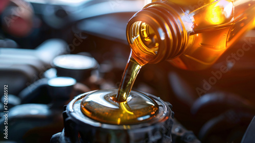 Pouring changing car engine oil.