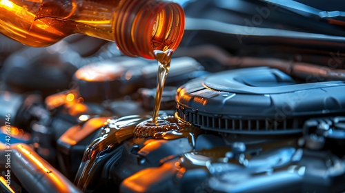 Pouring changing car engine oil.
