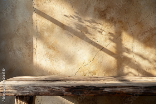 Rustic table on rustic wall with window and leaves shadow.