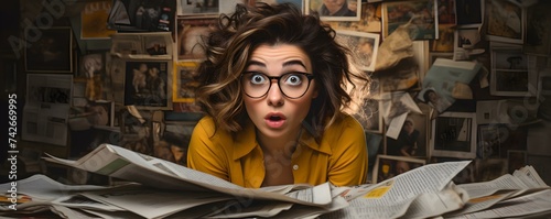 Young woman reacts in disbelief while reading sensational tabloid newspaper headlines. Concept Tabloid Newspaper Headlines, Shocked Expression, Young Woman, Disbelief, Sensational News photo