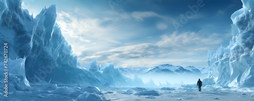 Man exploring frozen isolated world with towering ice fortress in background. Concept Frozen Wasteland, Ice Fortress, Exploration, Survival, Isolation © Ян Заболотний