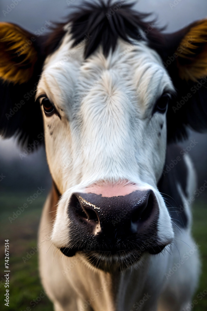 Black-and-white cow in nature at night. Black-and-white cow in nature at night.
