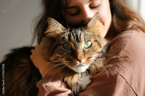Woman hugging cat with big green eyes, international kissing day image
