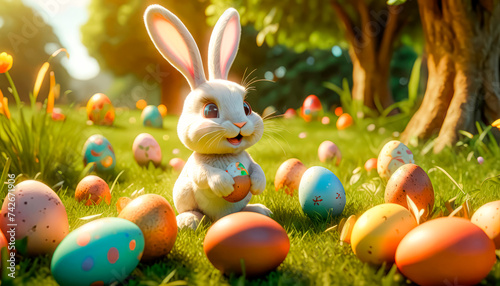 A cute and cheerful Easter bunny sits on a green lawn surrounded by Easter eggs and sweets © abrilla