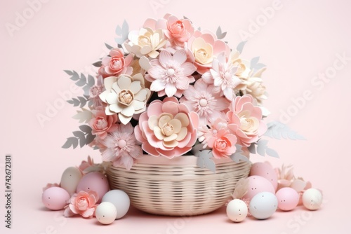 Easter basket with spring flowers of paper and pastel colorful eggs for festive holiday on pink background. Greeting card with copy space.