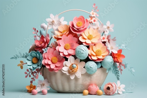 Easter basket with spring flowers of paper and pastel colorful eggs for festive holiday on blue background. Greeting card with copy space.