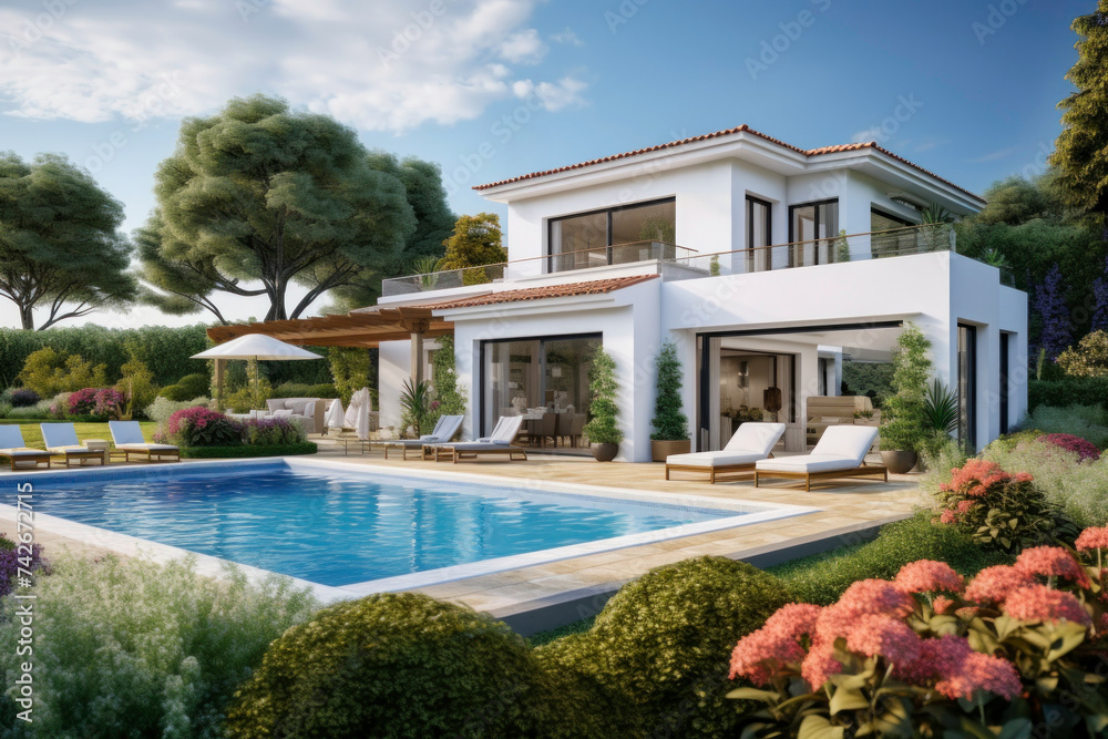 Fototapeta premium Luxury hotel. Contemporary modern house. Exterior of real estate. Holiday villa with swimming pool. Business resort. Hotel lounge. Residence. Mansion