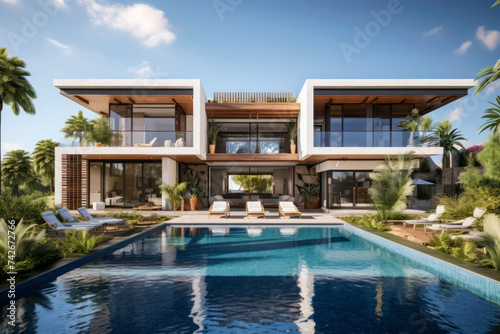 Luxury hotel. Contemporary modern house. Exterior of real estate. Holiday villa with swimming pool. Business resort. Travel during summer vacation