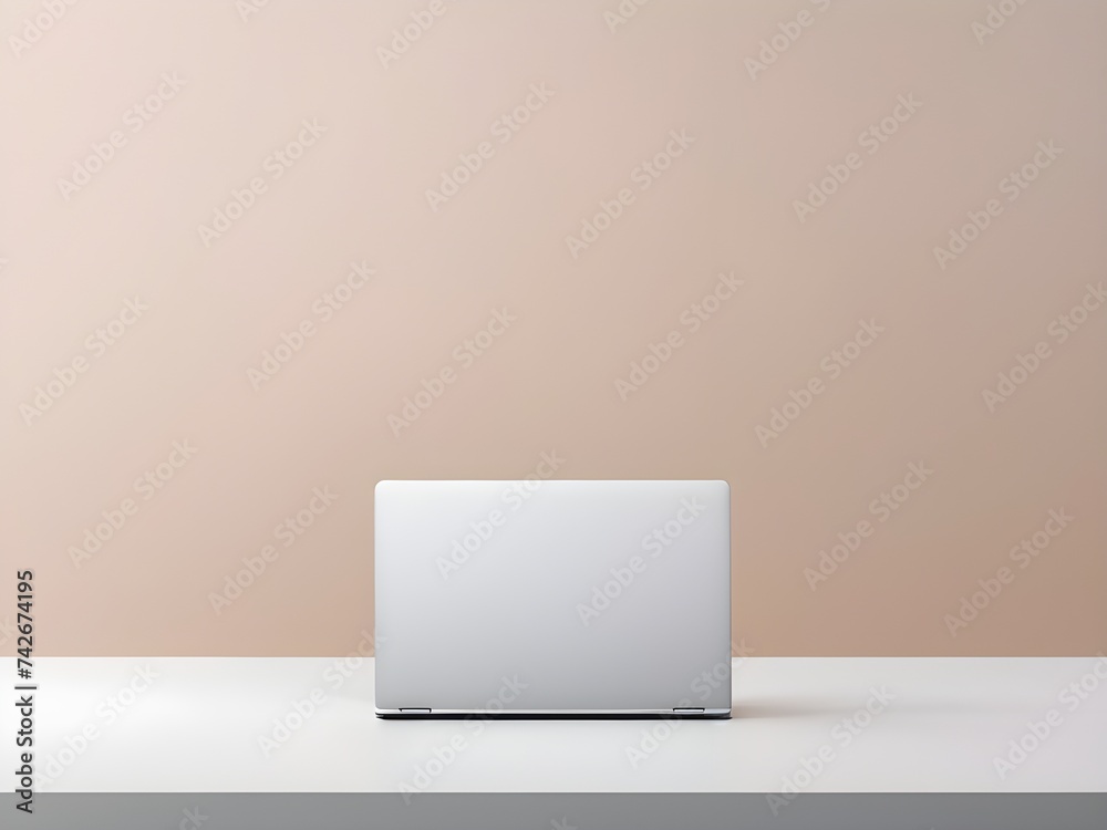 Blank Screen Laptop Notebook on desk table in minimalist office workplace home interior space with minimal design Blank Screen Laptop Notebook on desk table in minimalist office workplace home interior space with minimal design