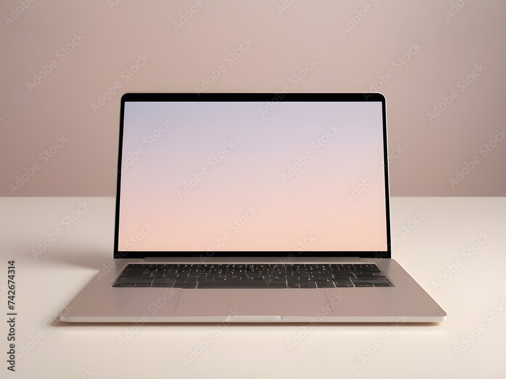 Blank Screen Laptop Notebook on desk table in minimalist office workplace home interior space with minimal design Blank Screen Laptop Notebook on desk table in minimalist office workplace home interior space with minimal design
