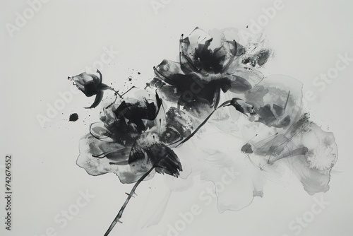 Abstract black rose with smoke effect. White background. Japanese ink painting style #742674552