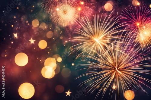 Festive Fireworks Bursting with Glittering Bokeh on Night Sky