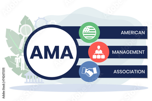 AMA, American Management Association. Concept with keywords and icons. Flat vector illustration. Isolated on white background.