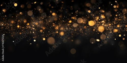 Golden glitter bokeh on black background. Holiday and celebration concept.