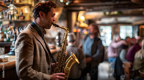 A musician is playing a saxophone in a pub with a small crowd listening. The musician male, The musician in the foreground with the pub in the background, The photo convey a sense of intimacy.