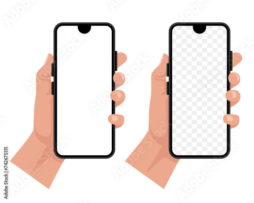 Hand holding a smartphone. Vector flat illustration isolated on white background.