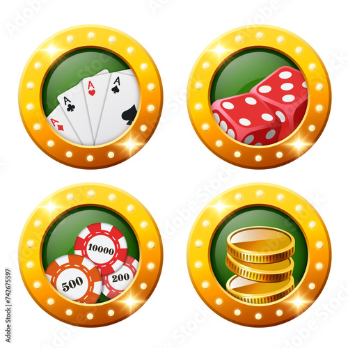 Casino round 3D icons. Casino element in gold frame with light bulbs. Vector clipart.