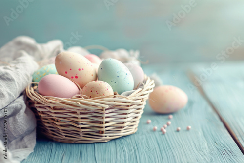 Easter wicker basket with pastel painted eggs for festive holiday on wooden table. Greeting card with copy space.