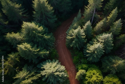 aerial view of a dirt road in the middle of a forest