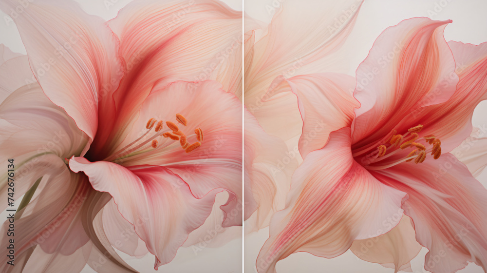 hyper-realistic images capturing abstract patterns created by Amaryllis petals swaying in a gentle breeze. Frame the scenes to emphasize the artistic and organic nature of the Amaryllis blossoms.