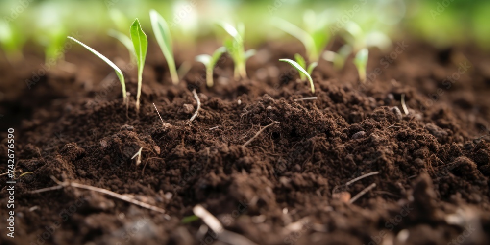Fototapeta premium Close up of green sprout growing in soil. Nature background.
