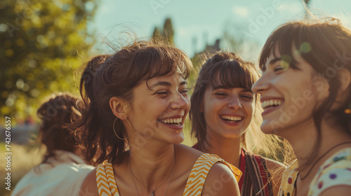 Group of friends laughing together in a sunny park, candid and genuine moments of joy, capturing the essence of Smile Power Day