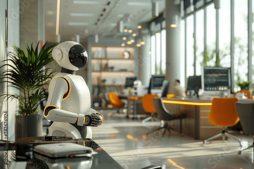 the dynamic interaction between AI and humans in a modern office. AI robot working among human