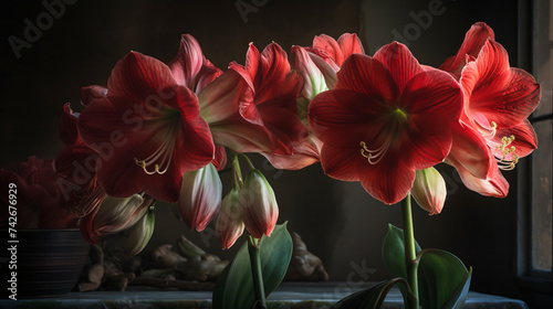 hyper-realistic close-up images capturing the intricate details of Amaryllis blossoms illuminated by soft candlelight. Frame the composition to highlight the delicate petals and rich hues, emphasizing