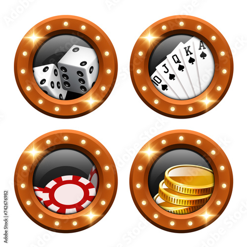 Casino round 3D icons. Casino element in gold frame with light bulbs. Vector clipart.