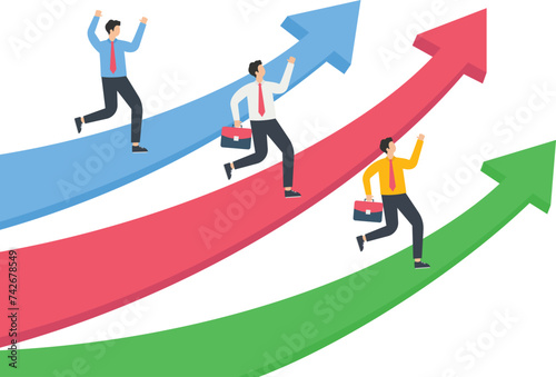 Three businessmen running fast on three growth arrows, Strategy Planning for business growth concept,