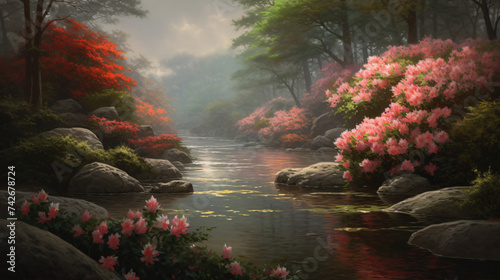 hyper-realistic images of Azalea blooms surrounded by water features, radiating a sense of serenity. Frame the composition to emphasize the serene and calming ambiance, enhancing the cinematic qualiti photo