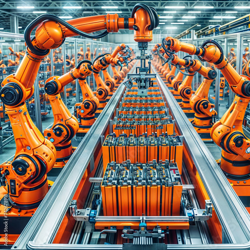Advanced orange industrial robot arms assemble EV battery packs in an automated production line. Row of robot arms Stock Photo