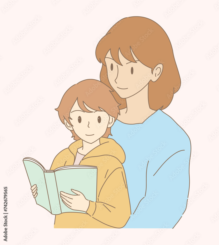 Mother with son reading story, getting ready for bedtime. Smiling boy holding book. Young mom embracing child. Hand drawn flat cartoon character vector illustration. Mother with son reading story, getting ready for bedtime. Smiling boy holding book. Young mom embracing child. Hand drawn flat cartoon character vector illustration.