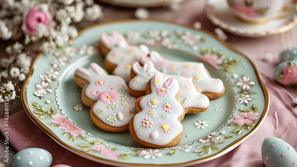 Delicious sweet Easter cookies in the shape of a rabbit with glaze and a beautiful ornament on a decorative plate Delicious sweet Easter cookies in the shape of a rabbit with glaze and a beautiful ornament on a decorative plate