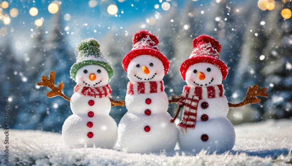 three cute snowmen in a christmas landscape winter background