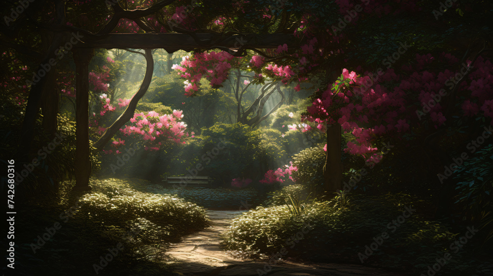 hyper-realistic images of Azalea blooms surrounded by water features, radiating a sense of serenity. Frame the composition to emphasize the serene and calming ambiance, enhancing the cinematic qualiti