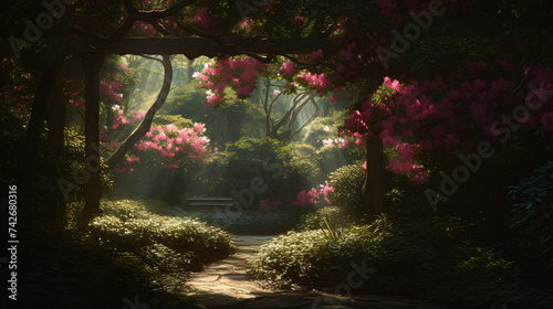 hyper-realistic images of Azalea blooms surrounded by water features, radiating a sense of serenity. Frame the composition to emphasize the serene and calming ambiance, enhancing the cinematic qualiti photo