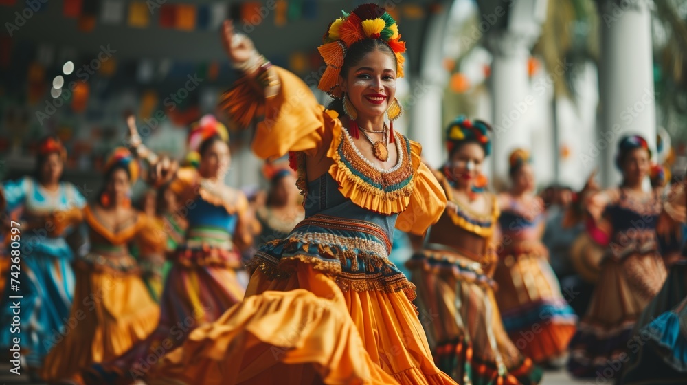 Dancers in colorful folkloric attire perform a traditional dance, showcasing their cultural pride at a festival.