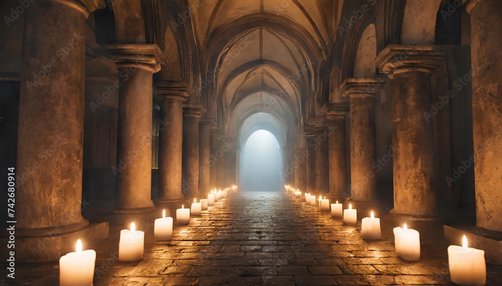 3d render of an old dark misty hallway lit with candles - obrazy, fototapety, plakaty 