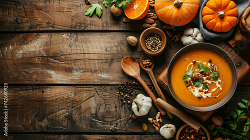 Pumpkin soup with vegetarian cooking ingredients.