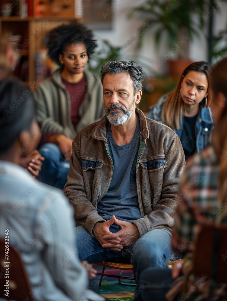 Diverse Group Therapy Session Sharing Stories
Diverse Group Therapy Session Sharing Stories