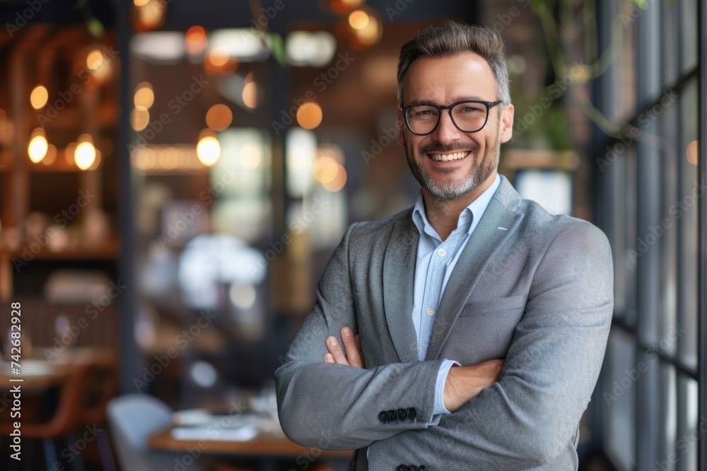 Fototapeta premium Photograph of a business owner relieved by cyber insurance coverage in case of data breaches