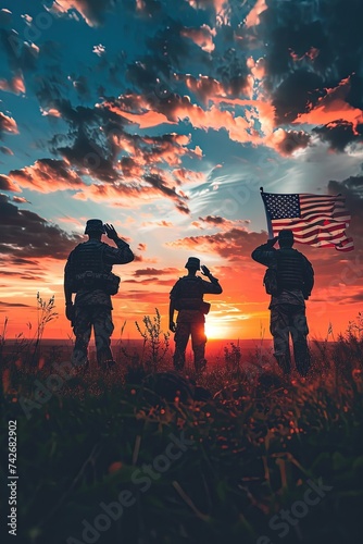 Silhouettes of soldiers saluting on background of sunset or sunrise and USA flag. Greeting card for Veterans Day. Soldiers pay tribute to their fellow comrades.