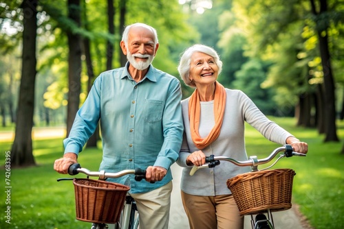 Happy senior couple riding bicycles in park. They are looking at camera and smiling