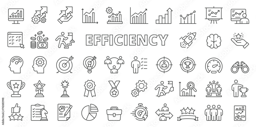 Efficiency icons in line design. Efficiency, productivity, optimization, performance, effectiveness, business isolated on white background vector. Efficiency editable stroke icons. Efficiency icons in line design. Efficiency, productivity, optimization, performance, effectiveness, business isolated on white background vector. Efficiency editable stroke icons.